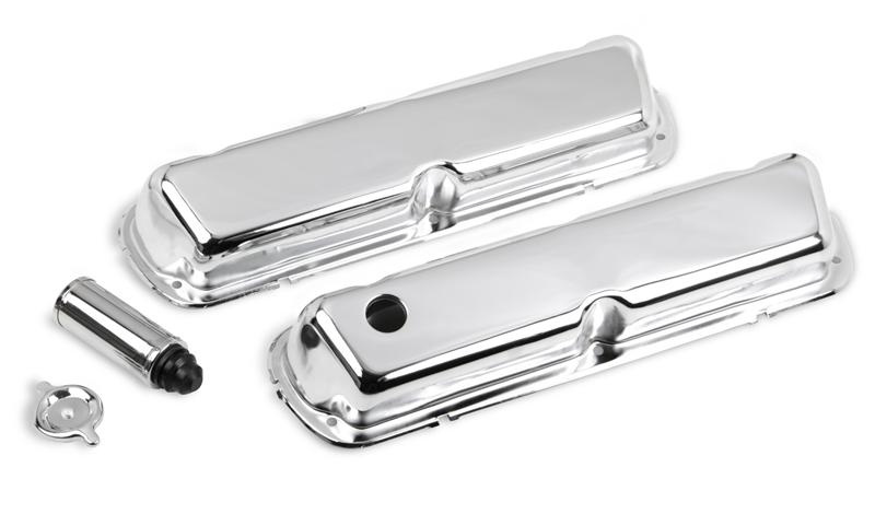Track Series Valve Covers - GM Licensed - Fabricated Aluminum, Tall, Smooth Top w/ Hole - Pair 241-280