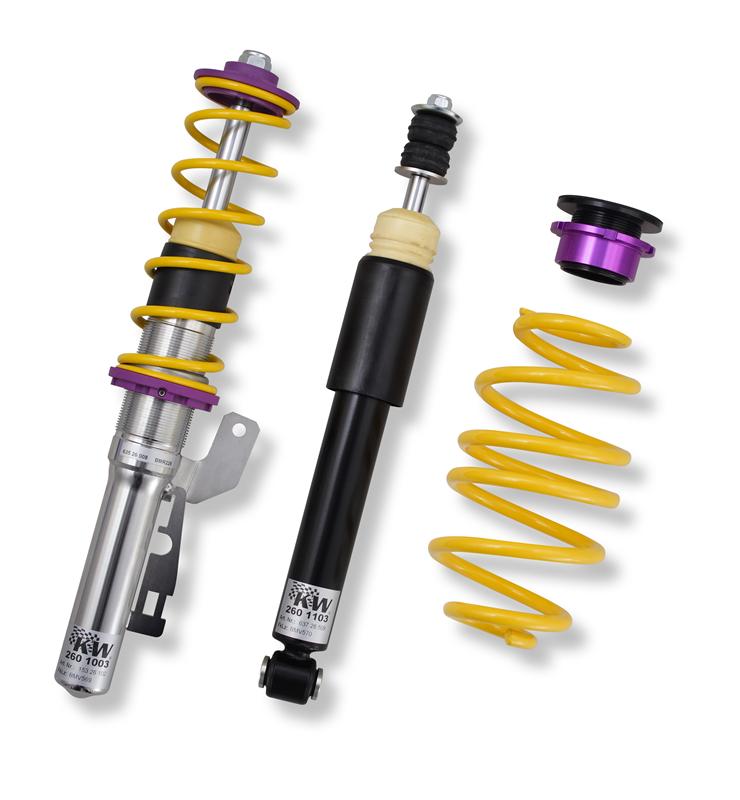 KW Suspension Variant 1 Coilovers - Front Height Adjustable by Threaded Strut Bodies - Rear Height Adjustable by Springs Perch - OE Tires may Require Wheel Spacers - For Maximum Lower, Anti-Sway Bar Must be Retrofitted 10210005