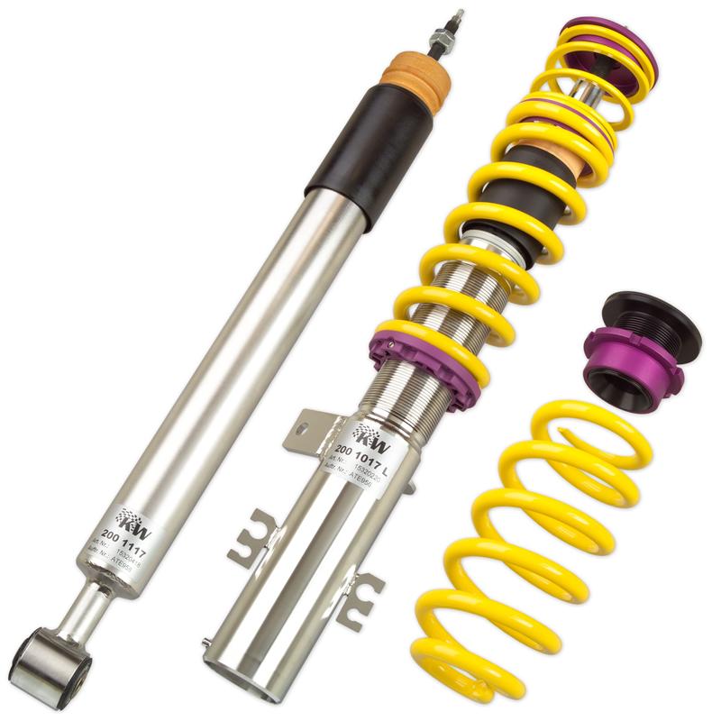 KW Suspension Variant 2 Coilovers - Front Height Adjustable by Threaded Strut Bodies - Rear Height Adjustable by Springs Perch - OE Tires may Require Wheel Spacers - For Maximum Lower, Anti-Sway Bar Must be Retrofitted 15210005