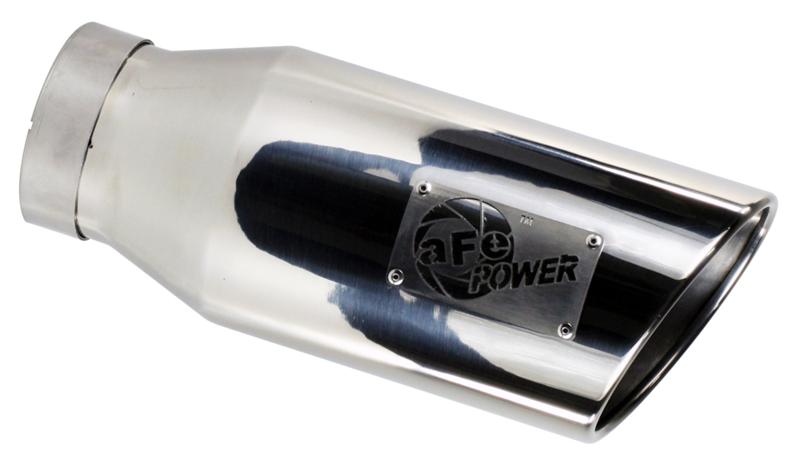 aFe MACH Force-Xp Exhaust Tip - Stainless Steel - 5in. - Dual - w/Power Logo/Unique 2-1/2in. Adaptor/O.E. Style Fitment - Incl. Ball Socket Clamp/Fits Stock Exhaust - Black 49C42046-B