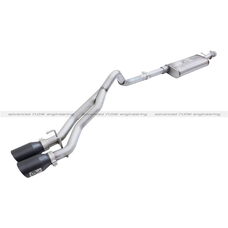 aFe Rebel Series Cat-Back Exhaust System - 3in Into 2.5in SS Tubing - 409 Stainless Steel - Middle Side Exit - w/Muffler/Dual 3.5in Black Stainless Steel Tips/Hardware 49-43071-B