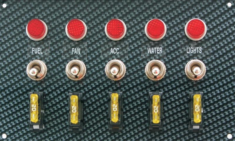 Moroso Flat Surface Mount - five on/off lighted switches - separate panel for five circuit breakers 20 amps each - 1.350" x 6.695" 74183