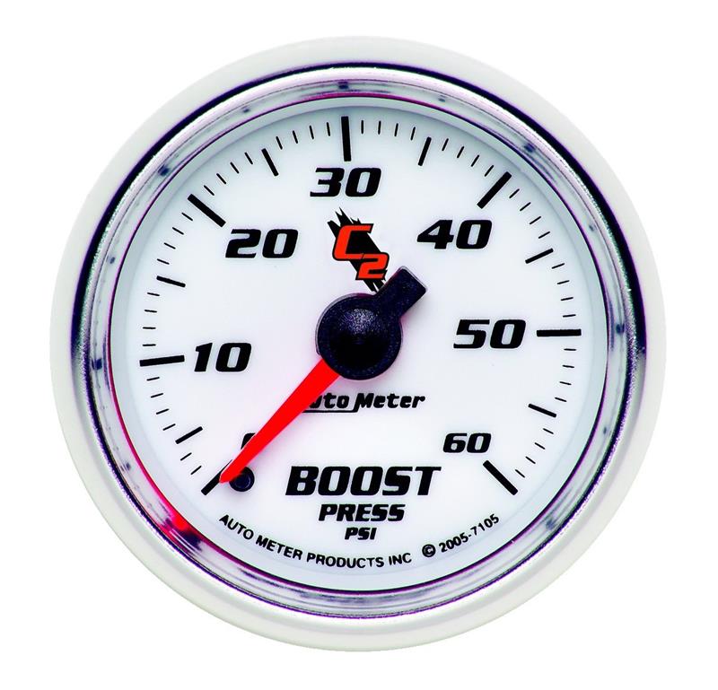 Auto Meter C2 Series - Boost Gauge - Mechanical Movement - Incl 1/8in NPT Male to 1/8in Compression Fitting, 1/8in NPT Female to 1/8in Compression Fitting, 1/8in NPT to 1/4in NPT Bushing - Incl 10ft Nylon Tubing - Incl Mounting Hardware 2230 7105