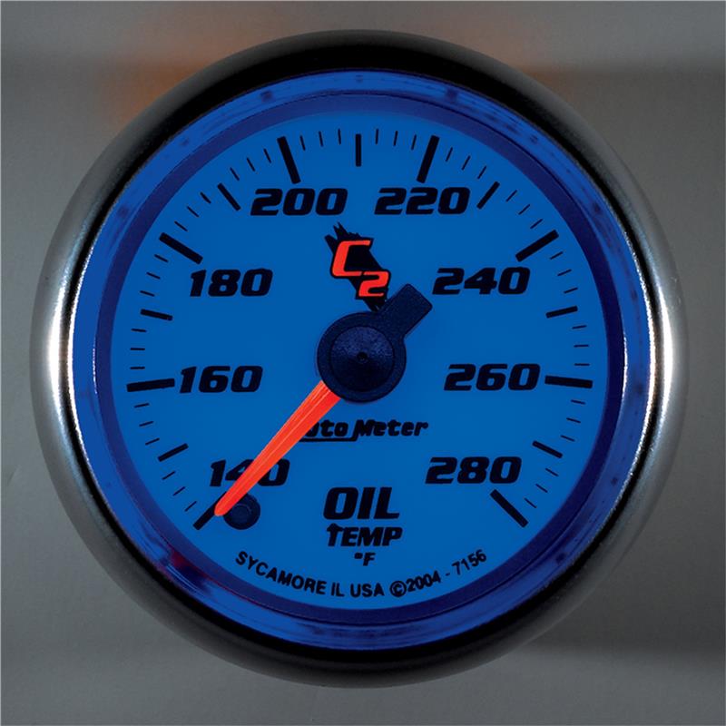 Auto Meter C2 Series - Oil Temperature Gauge - Electric, Digital Stepper Motor Movement - Incl Sensor Unit 2252 - Incl 3/8in NPT & 1/2in NPT Adapter Fittings - Incl Wire Harness 5226 - Incl Mounting Hardware 2230 7156