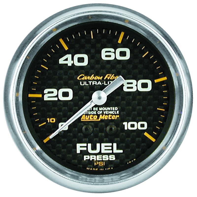 Auto Meter Carbon Fiber Series - Fuel Pressure Gauge - Mechanical Movement - Incl Fuel Isolator Sensor Unit - Incl 4ft Braided Stainless Hose - Incl Bulb & Socket 3220 - Incl Light Covers Red 3214 & Green 3215 - Incl Mounting Hardware 3245 4811