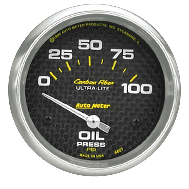 Carbon Fiber Series - Oil Pressure Gauge - Electric, Air-Core Movement - Incl Oil Sender Unit 2242 - Incl 3/8in NPT & 1/2in NPT Adapter Fittings - Incl Bulb & Socket 3220 - Incl Light Covers Red 3214 & Green 3215 - Incl Mounting Hardware 3245 4827