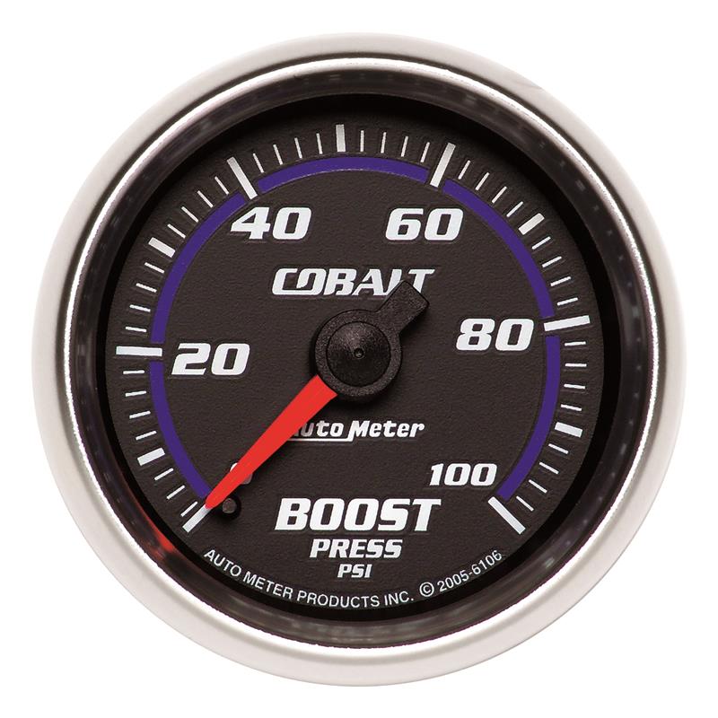 Auto Meter Cobalt Series - Boost Gauge - Mechanical Movement - Incl 1/8in NPT Male to 1/8in Compression Fitting, 1/8in NPT Female to 1/8in Compression Fitting, 1/8in NPT to 1/4in NPT Bushing - Incl 10ft Nylon Tubing - Incl Mounting Hardware 2230 6106