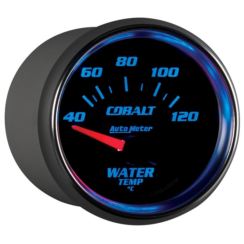 Auto Meter Cobalt Series - Water Temperature Gauge - Electric, Air-Core Movement - Incl Water Sender Unit 2258 - Incl 3/8in NPT & 1/2in NPT Adapter Fittings - Incl Mounting Hardware 2230 6137-M