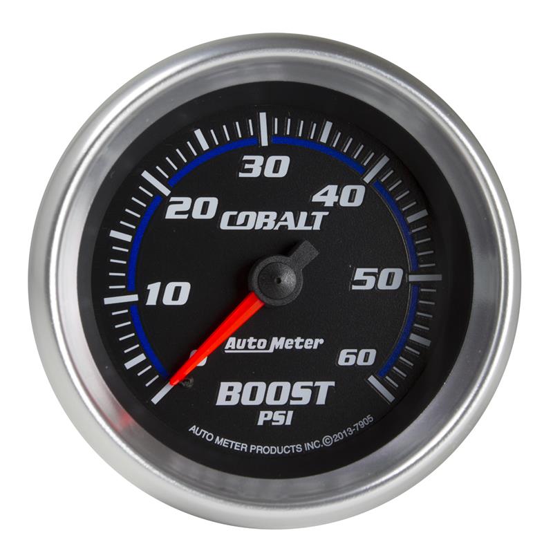 Auto Meter Cobalt Series - Boost Gauge - Mechanical Movement - Incl 1/8in NPT Male to 1/8in Compression Fitting, 1/8in NPT Female to 1/8in Compression Fitting, 1/8in NPT to 1/4in NPT Bushing - Incl 10ft Nylon Tubing - Incl Mounting Hardware 2230 7905