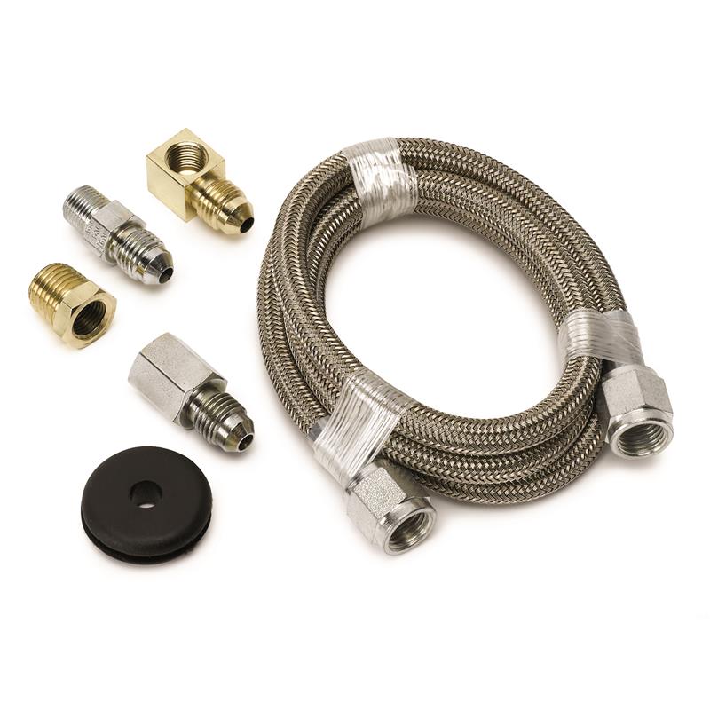 Braided Stainless Steel Hose - 3ft Length - #4, 3/16in ID Fittings - Incl 1/8in NPT Female Right Angle to -4AN Male Fitting, -4AN Male to 1/8in NPT Male Fitting, -4AN Male to 1/8in NPT Female Fitting & 1/8in NPT to 1/4in NPT Adapter Bushing 3227