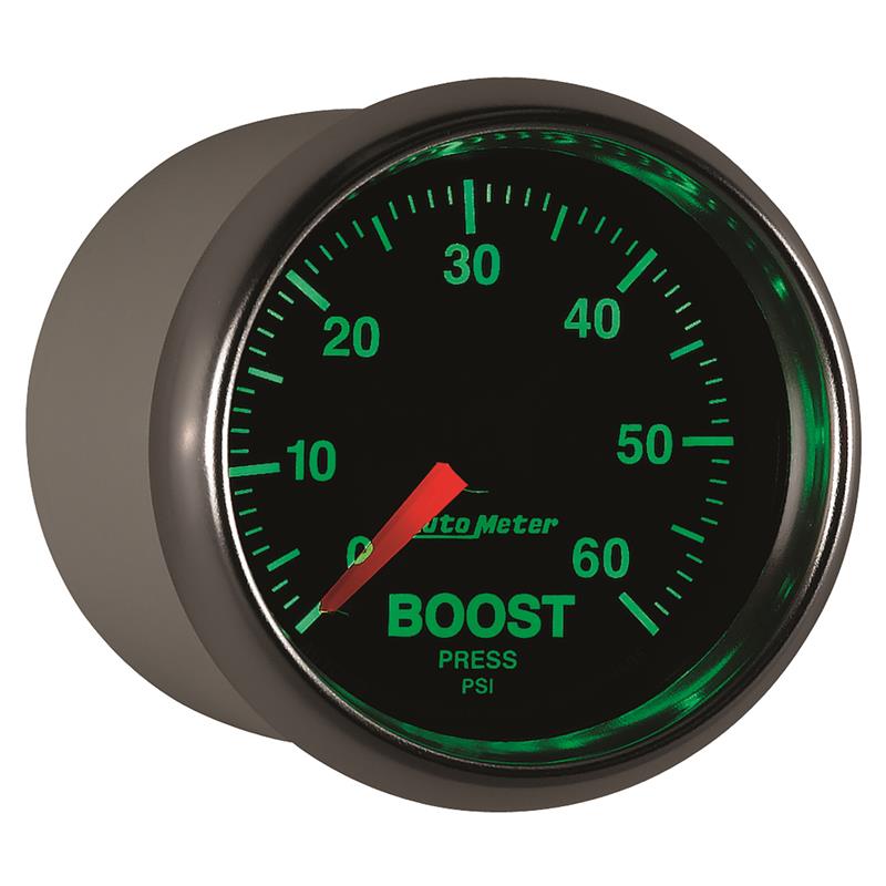 Auto Meter GS Series - Boost Gauge - Mechanical Movement - Incl 1/8in NPT Male to 1/8in Compression Fitting, 1/8in NPT Female to 1/8in Compression Fitting, 1/8in NPT to 1/4in NPT Bushing - Incl 10ft Nylon Tubing - Incl Mounting Hardware 2230 3805