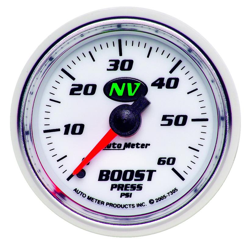 Auto Meter NV Series - Boost Gauge - Mechanical Movement - Incl 1/8in NPT Male to 1/8in Compression Fitting, 1/8in NPT Female to 1/8in Compression Fitting, 1/8in NPT to 1/4in NPT Bushing - Incl 10ft Nylon Tubing - Incl Mounting Hardware 2230 7305