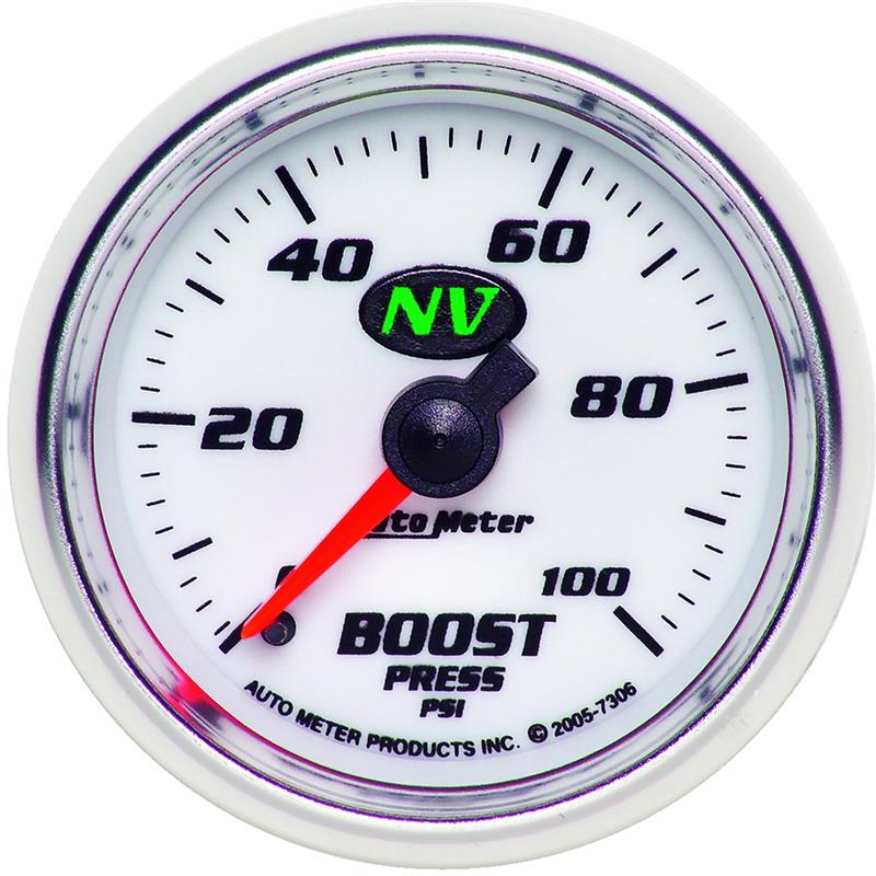 Auto Meter NV Series - Boost Gauge - Mechanical Movement - Incl 1/8in NPT Male to 1/8in Compression Fitting, 1/8in NPT Female to 1/8in Compression Fitting, 1/8in NPT to 1/4in NPT Bushing - Incl 10ft Nylon Tubing - Incl Mounting Hardware 2230 7306