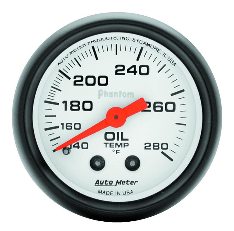 Auto Meter Phantom Series - Oil Temperature Gauge - Mechanical Movement - Incl 1/2in NPT Adapter/Fitting - Incl 6ft Capillary Tube - Incl Bulb & Socket 3220 - Incl Light Covers Red 3214 & Green 3215 - Incl Mounting Hardware 2230 5741
