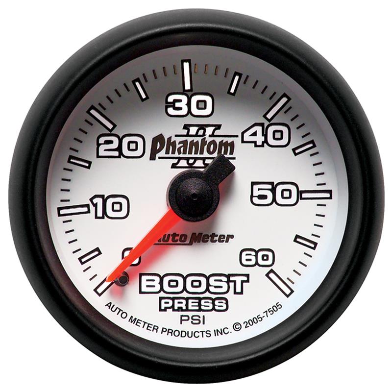 Phantom II Series - Boost Gauge - Mechanical Movement - Incl 1/8in NPT Male to 1/8in Compression Fitting, 1/8in NPT Female to 1/8in Compression Fitting, 1/8in NPT to 1/4in NPT Bushing - Incl 10ft Nylon Tubing - Incl Mounting Hardware 2230 7505