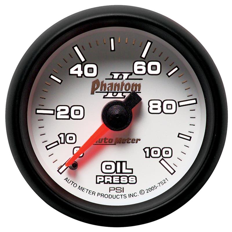 Phantom II Series - Oil Pressure Gauge - Mechanical Movement - Incl 1/8in NPT Male to 1/8in Compression Fitting, 1/8in NPT Female to 1/8in Compression Fitting, 1/8in NPT to 1/4in NPT Bushing - Incl 10ft Nylon Tubing - Incl Mounting Hardware 2230 7521