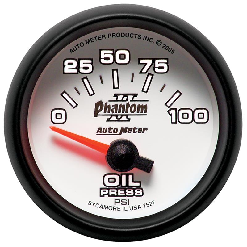 Auto Meter Phantom II Series - Oil Pressure Gauge - Electric, Air-Core Movement - Incl Oil Sender Unit 2242 - Incl 3/8in NPT & 1/2in NPT Adapter Fittings - Incl Mounting Hardware 2230 7527