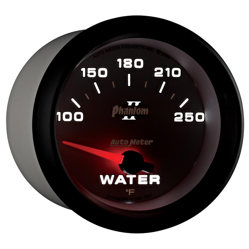 Auto Meter Phantom II Series - Water Temperature Gauge - Electric, Air-Core Movement - Incl Water Sender Unit 2258 - Incl 3/8in NPT & 1/2in NPT Adapter Fittings - Incl Mounting Hardware 3245 7837