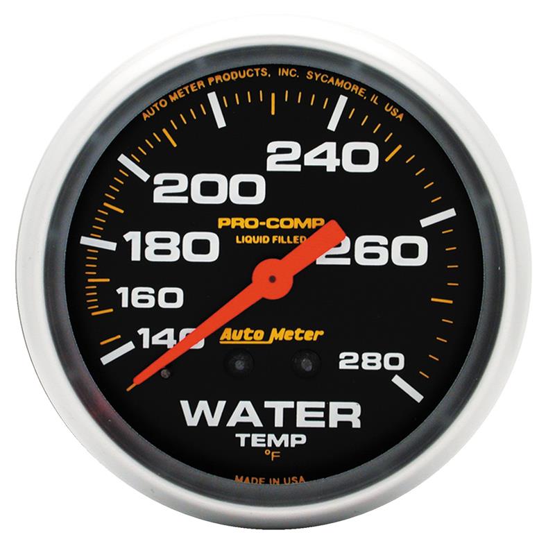 Auto Meter Pro-Comp Series - Water Temperature Gauge - Mechanical Movement - Incl 1/2in NPT Adapter/Fitting - Incl 6ft Capillary Tube - Incl Bulb & Socket 3211 - Incl Light Covers Red 3214 & Green 3215 - Incl Mounting Hardware 3245 5431