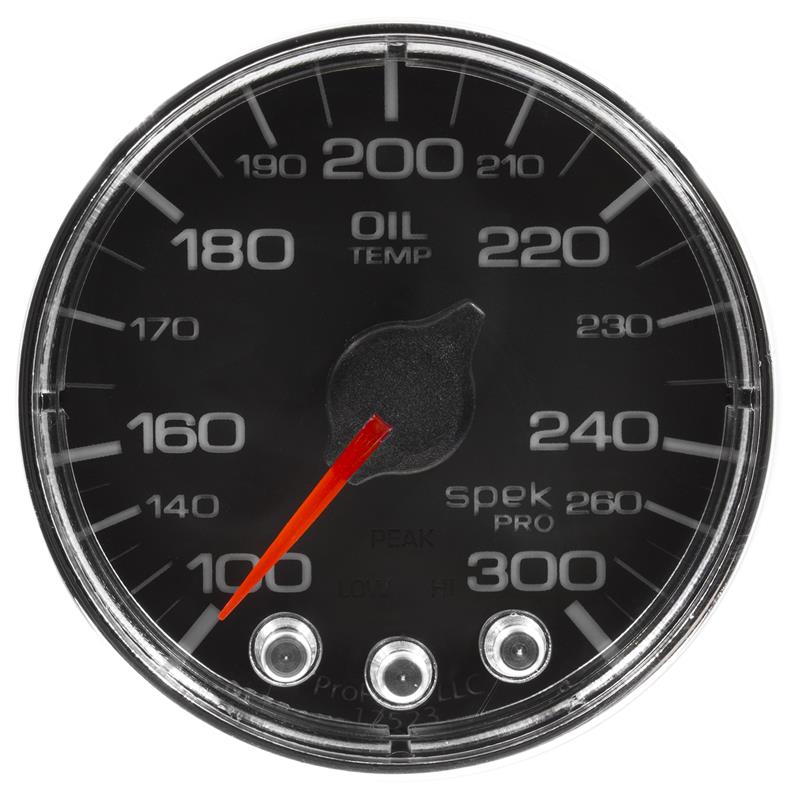 Auto Meter Spek-Pro Black Series - Oil Temperature Gauge - Electric, Digital Stepper Motor Movement - Incl Sensor Unit P13125 - Incl Wire Harness P19370 - Incl Mounting Hardware P12467 P322318