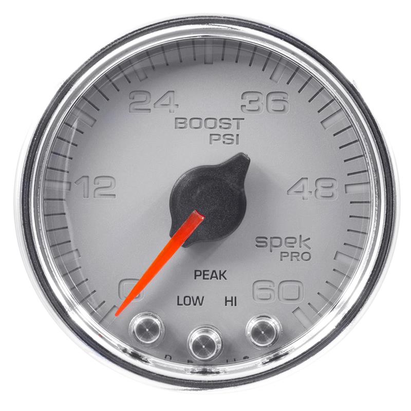 Auto Meter Spek-Pro Silver Series - Boost Gauge - Electric, Digital Stepper Motor Movement - Incl Sensor Unit P13113 - Incl Wire Harness P19320 - Incl Mounting Hardware P12467 P30421