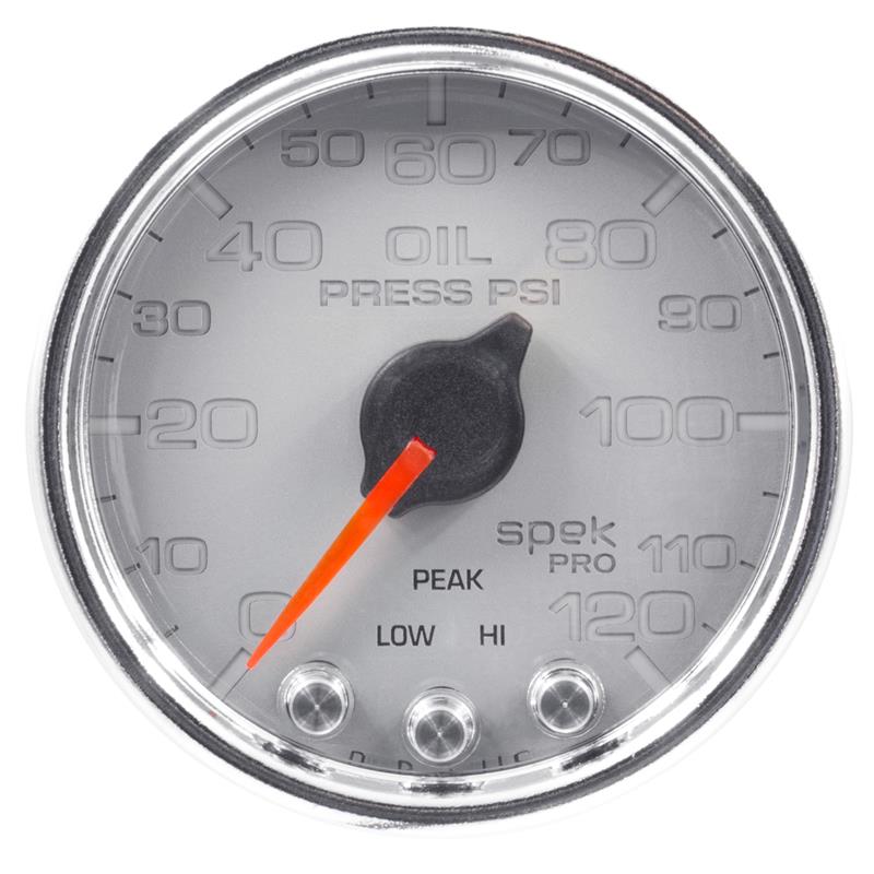 Auto Meter Spek-Pro Silver Series - Oil Pressure Gauge - Electric, Digital Stepper Motor Movement - Incl Sensor Unit P13153 - Incl Wire Harness P19380 - Incl Mounting Hardware P12467 P32521