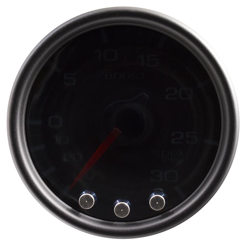 Auto Meter Spek-Pro Smoked Series - Boost/Vacuum Gauge - Electric, Digital Stepper Motor Movement - Incl Sensor Unit P13115 - Incl Wire Harness P19320 - Incl Mounting Hardware P12467 P30252