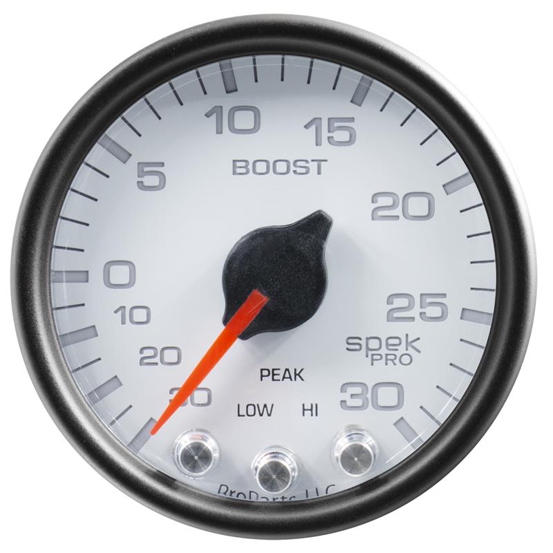 Auto Meter Spek-Pro White Series - Boost/Vacuum Gauge - Electric, Digital Stepper Motor Movement - Incl Sensor Unit P13115 - Incl Wire Harness P19320 - Incl Mounting Hardware P12467 P30212