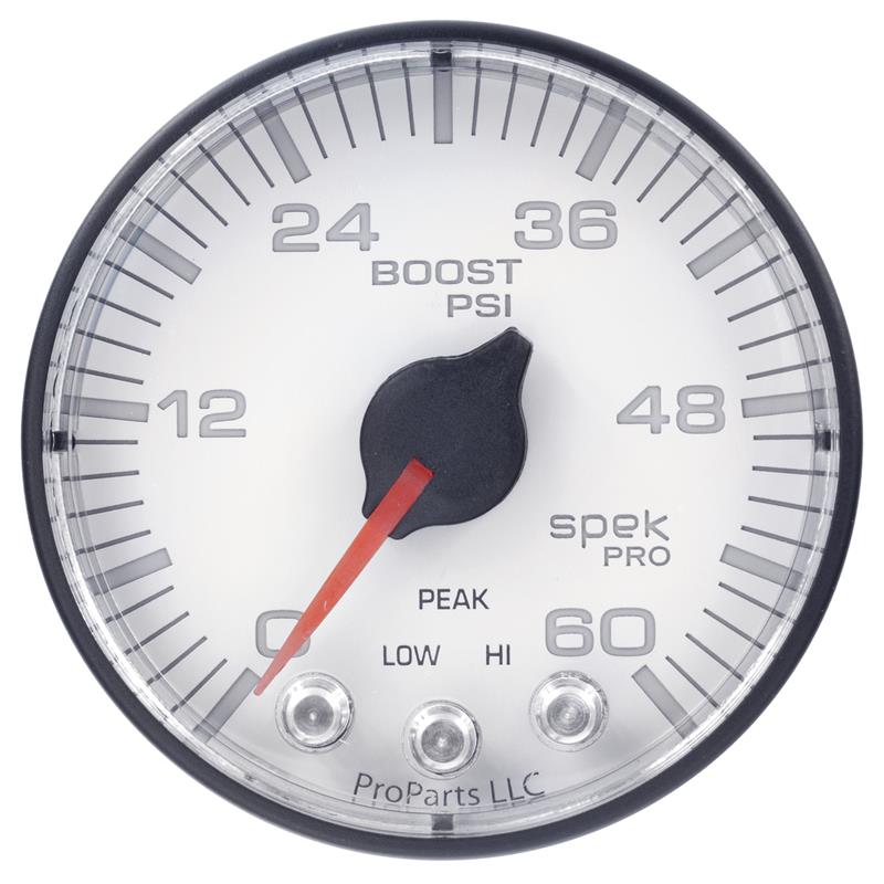 Auto Meter Spek-Pro White Series - Boost Gauge - Electric, Digital Stepper Motor Movement - Incl Sensor Unit P13113 - Incl Wire Harness P19320 - Incl Mounting Hardware P12467 P304128