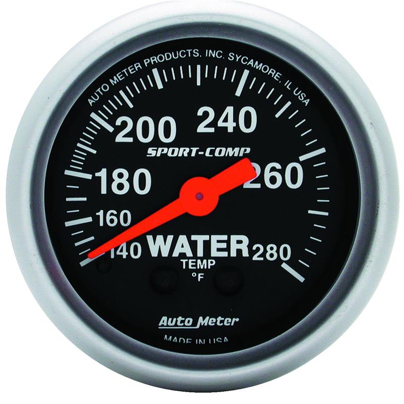 Auto Meter Sport-Comp Series - Water Temperature Gauge - Mechanical Movement - Incl 1/2in NPT Adapter/Fitting - Incl 6ft Capillary Tube - Incl Bulb & Socket 3220 - Incl Light Covers Red 3214 & Green 3215 - Incl Mounting Hardware 2230 3331