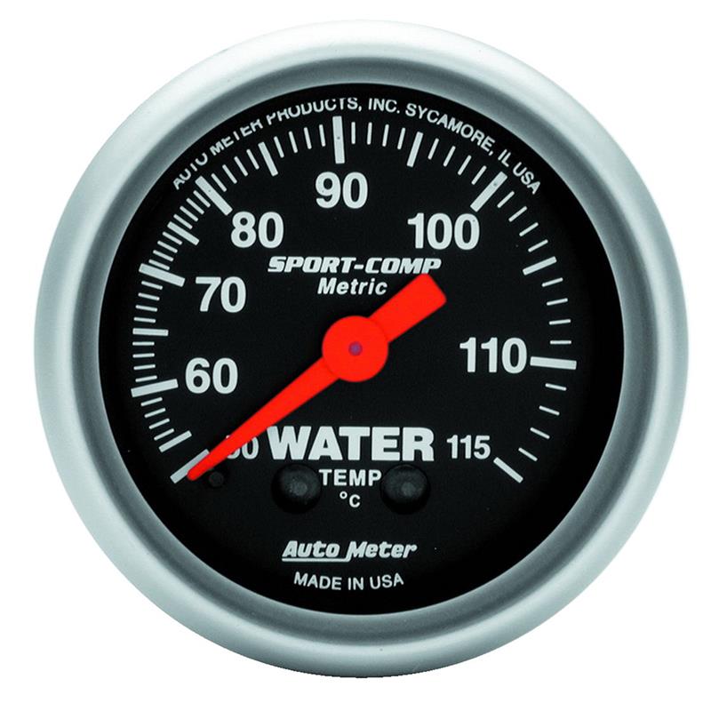 Auto Meter Sport-Comp Series - Water Temperature Gauge - Mechanical Movement - Incl 1/2in NPT Adapter/Fitting - Incl 6ft Capillary Tube - Incl Bulb & Socket 3220 - Incl Light Covers Red 3214 & Green 3215 - Incl Mounting Hardware 2230 3332-M