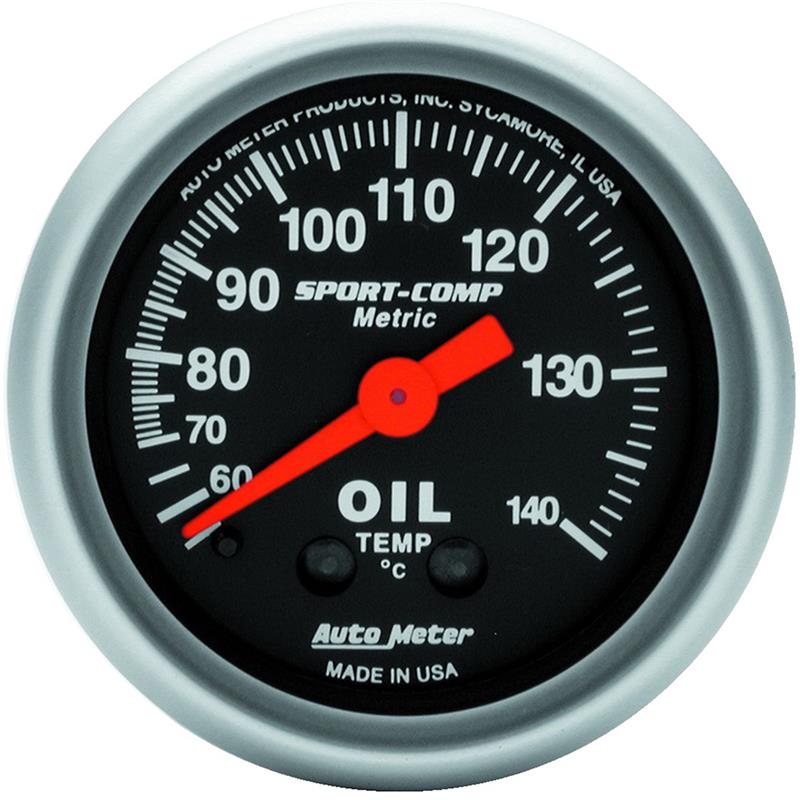 Auto Meter Sport-Comp Series - Oil Temperature Gauge - Mechanical Movement - Incl 1/2in NPT Adapter/Fitting - Incl 6ft Capillary Tube - Incl Bulb & Socket 3220 - Incl Light Covers Red 3214 & Green 3215 - Incl Mounting Hardware 2230 3341-M