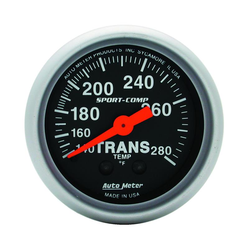 Auto Meter Sport-Comp Series - Transmission Temperature Gauge - Mechanical Movement - Incl 1/2in NPT Adapter/Fitting - Incl 10.5ft Capillary Tube - Incl Bulb & Socket 3220 - Incl Light Covers Red 3214 & Green 3215 - Incl Mounting Hardware 2230 3351