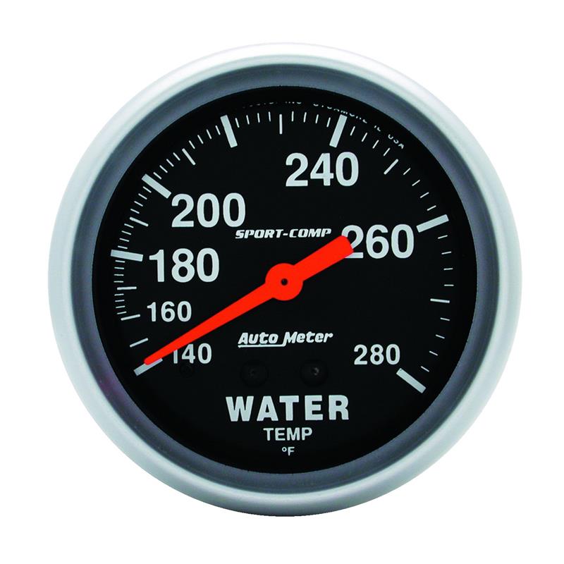 Auto Meter Sport-Comp Series - Water Temperature Gauge - Mechanical Movement - Incl 1/2in NPT Adapter/Fitting - Incl 6ft Capillary Tube - Incl Bulb & Socket 3220 - Incl Light Covers Red 3214 & Green 3215 - Incl Mounting Hardware 3245 3431