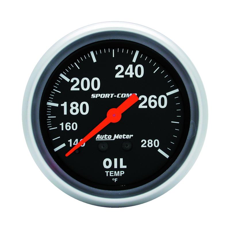 Auto Meter Sport-Comp Series - Oil Temperature Gauge - Mechanical Movement - Incl 1/2in NPT Adapter/Fitting - Incl 6ft Capillary Tube - Incl Bulb & Socket 3220 - Incl Light Covers Red 3214 & Green 3215 - Incl Mounting Hardware 3245 3441