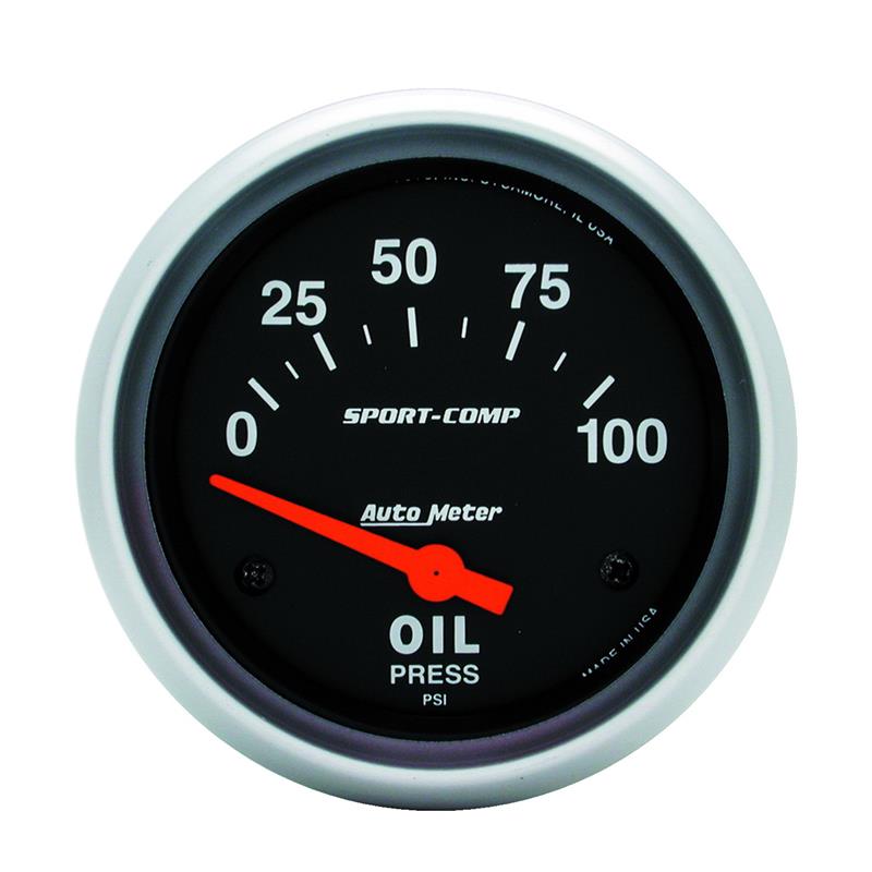 Sport-Comp Series - Oil Pressure Gauge - Electric, Air-Core Movement - Incl Oil Sender Unit 2242 - Incl 3/8in NPT & 1/2in NPT Adapter Fittings - Incl Bulb & Socket 3220 - Incl Light Covers Red 3214 & Green 3215 - Incl Mounting Hardware 3245 3522