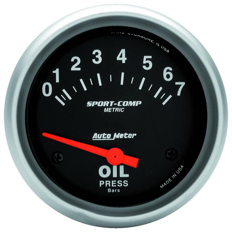 Sport-Comp Series - Oil Pressure Gauge - Electric, Air-Core Movement - Incl Oil Sender Unit 2242 - Incl 3/8in NPT & 1/2in NPT Adapter Fittings - Incl Bulb & Socket 3220 - Incl Light Covers Red 3214 & Green 3215 - Incl Mounting Hardware 3245 3522-M