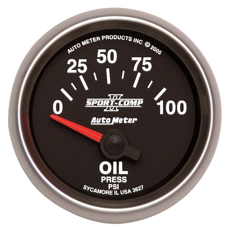 Auto Meter Sport-Comp II Series - Oil Pressure Gauge - Electric, Air-Core Movement - Incl Oil Sender Unit 2242 - Incl 3/8in NPT & 1/2in NPT Adapter Fittings - Incl Mounting Hardware 2230 3627