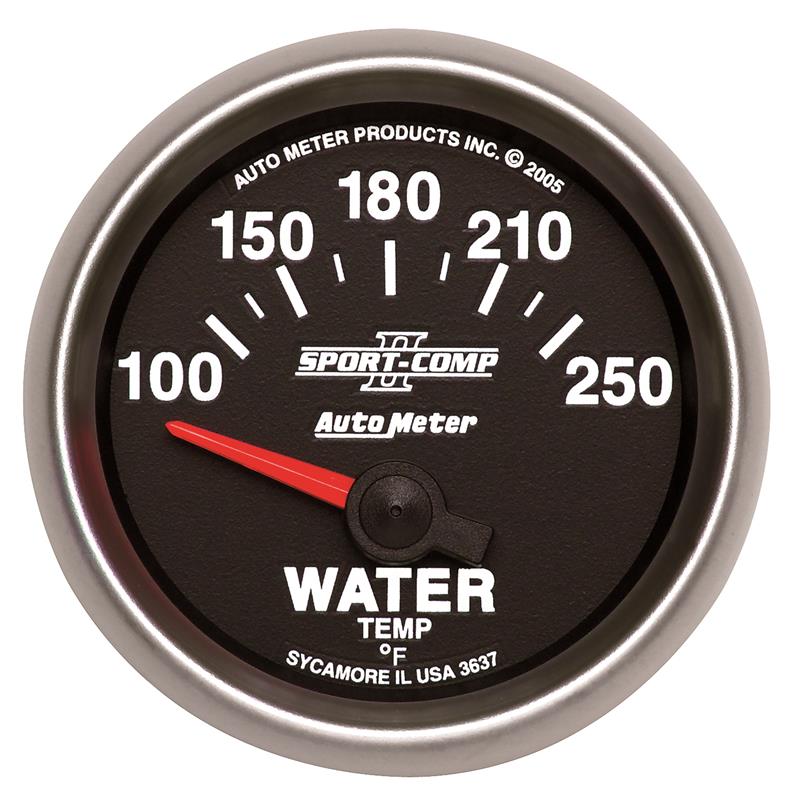 Auto Meter Sport-Comp II Series - Water Temperature Gauge - Electric, Air-Core Movement - Incl Water Sender Unit 2258 - Incl 3/8in NPT & 1/2in NPT Adapter Fittings - Incl Mounting Hardware 2230 3637