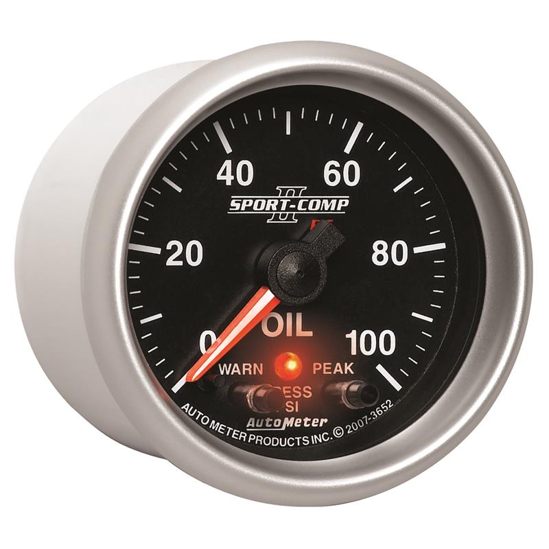 Auto Meter Sport-Comp II Series - Oil Pressure Gauge - Electric, Digital Stepper Motor Movement - Incl Sensor Unit 2246 - Incl 3/8in NPT & 1/2in NPT Adapter Fittings - Incl Wire Harness 5227 - Incl Mounting Hardware 2230 3652