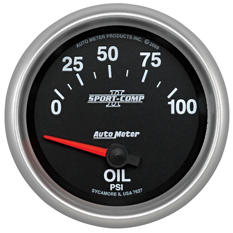 Auto Meter Sport-Comp II Series - Oil Pressure Gauge - Electric, Air-Core Movement - Incl Oil Sender Unit 2242 - Incl 3/8in NPT & 1/2in NPT Adapter Fittings - Incl Mounting Hardware 3245 7627