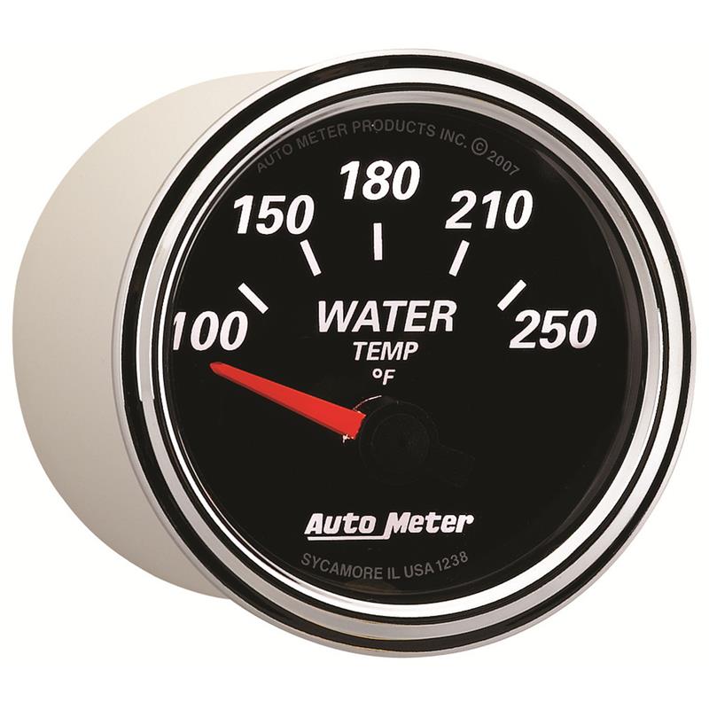 Auto Meter Designer Black II Series - Water Temperature Gauge - Electric, Air-Core Movement - Incl Water Sender Unit 2258 - Incl 3/8in NPT & 1/2in NPT Adapter Fittings - Incl Mounting Hardware 2230 1238