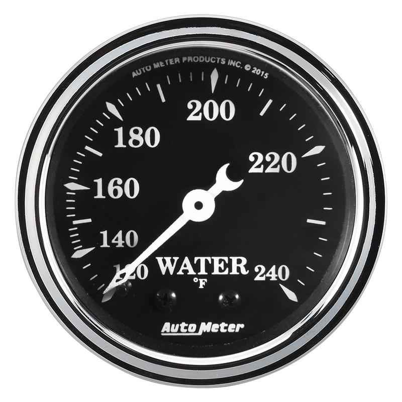 Auto Meter Old Tyme Black Series - Water Temperature Gauge - Mechanical Movement - Incl 1/2in NPT Adapter/Fitting - Incl 6ft Capillary Tube - Incl Bulb & Socket 3220 - Incl Light Covers Red 3214 & Green 3215 - Incl Mounting Hardware 2230 1733