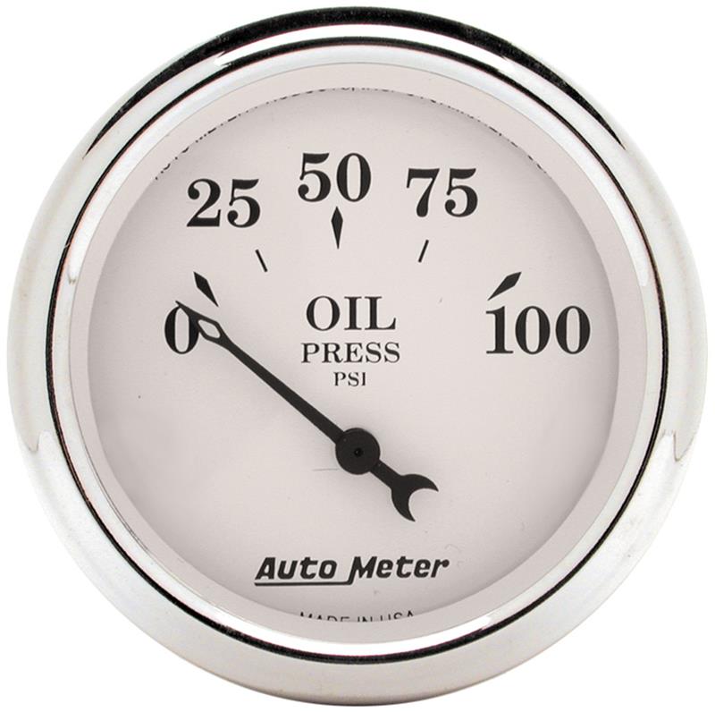 Old Tyme White Series - Oil Pressure Gauge - Electric, Air-Core Movement - Incl Oil Sender Unit 2242 - Incl 3/8in NPT & 1/2in NPT Adapter Fittings - Incl Bulb & Socket 3220 - Incl Light Covers Red 3214 & Green 3215 - Incl Mounting Hardware 2230 1628