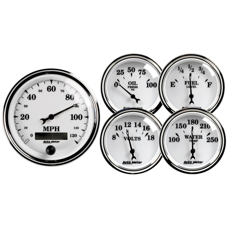 Auto Meter Old Tyme White II Series - 5 Piece Gauge Kit - Electric, Air-Core Movement - Incl Fuel Sender 3262 / Oil Sender 2242 / Water Sender 2258 / VSS Sensor - Incl 3/8in NPT & 1/2in NPT Adapter Fittings - Incl Mounting Brackets 1200