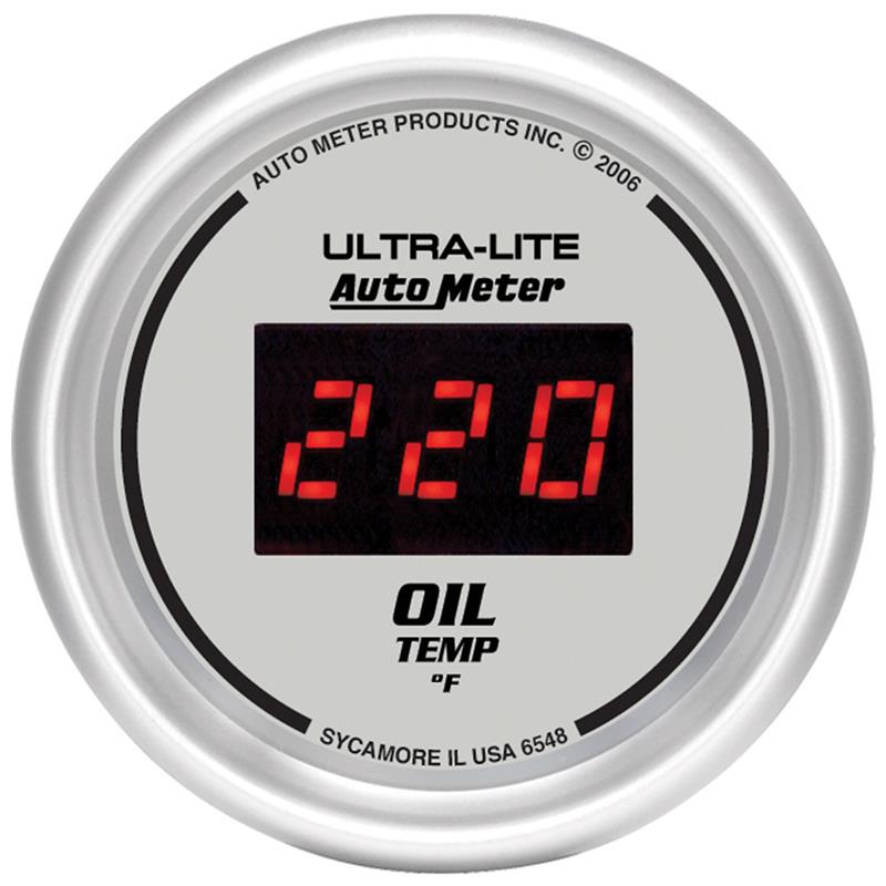 Auto Meter Ultra-Lite Digital Series - Oil Temperature Gauge - Digital Movement - Incl Water Sender Unit 2258 - Incl 3/8in NPT & 1/2in NPT Adapter Fittings - Incl Wire Harness 5226 - Incl Mounting Hardware 2230 6548