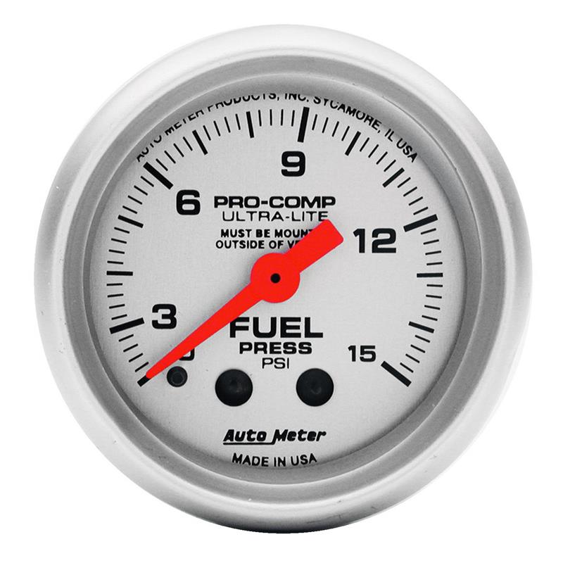 Ultra-Lite Series - Fuel Pressure Gauge w/ Isolator - Mechanical Movement - Incl Fuel Isolator Sensor Unit - Incl 4ft Braided Stainless Hose - Incl Bulb & Socket 3220 - Incl Light Covers Red 3214 & Green 3215 - Incl Mounting Hardware 2230 4313