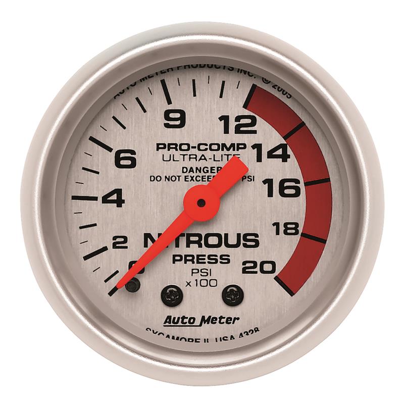 Auto Meter Ultra-Lite Series - Nitrous Pressure Gauge - Mechanical Movement - Incl Bulb & Socket 3220 - Incl Light Covers Red 3214 & Green 3215 - Incl Mounting Hardware 2230 4328