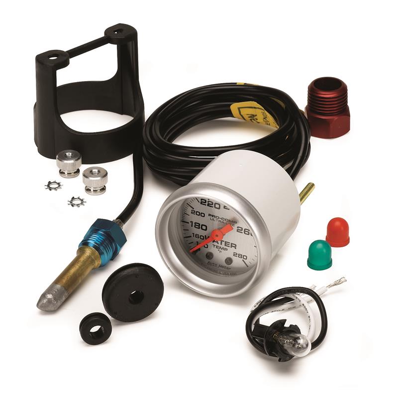 Auto Meter Ultra-Lite Series - Water Temperature Gauge - Mechanical Movement - Incl 1/2in NPT Adapter/Fitting - Incl 6ft Capillary Tube - Incl Bulb & Socket 3220 - Incl Light Covers Red 3214 & Green 3215 - Incl Mounting Hardware 2230 4331