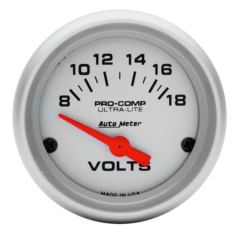 Auto Meter Ultra-Lite Series - Voltmeter Gauge - Electric, Air-Core Movement - Incl Bulb & Socket 3220 - Incl Light Covers Red 3214 & Green 3215 - Incl Mounting Hardware 2230 4391